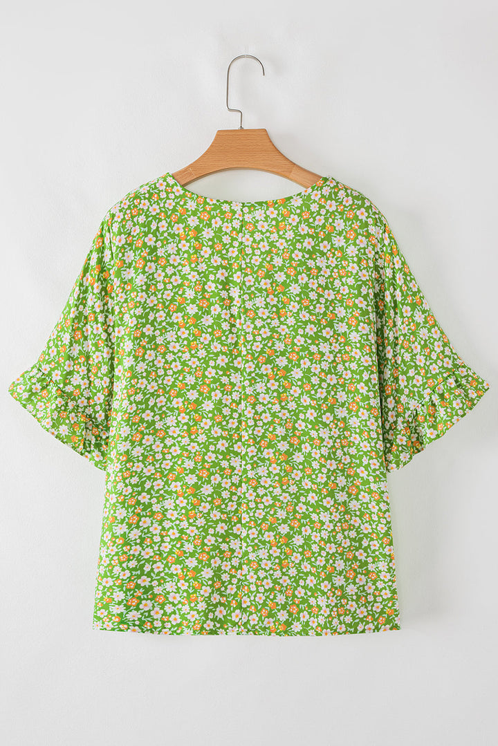 floral print ruffle sleeve v neck blouse top