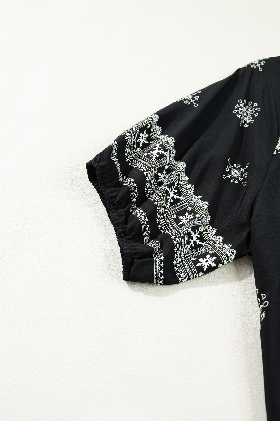 Black Boho Chic Notched V Neck Plus Floral Short Sleeve Top