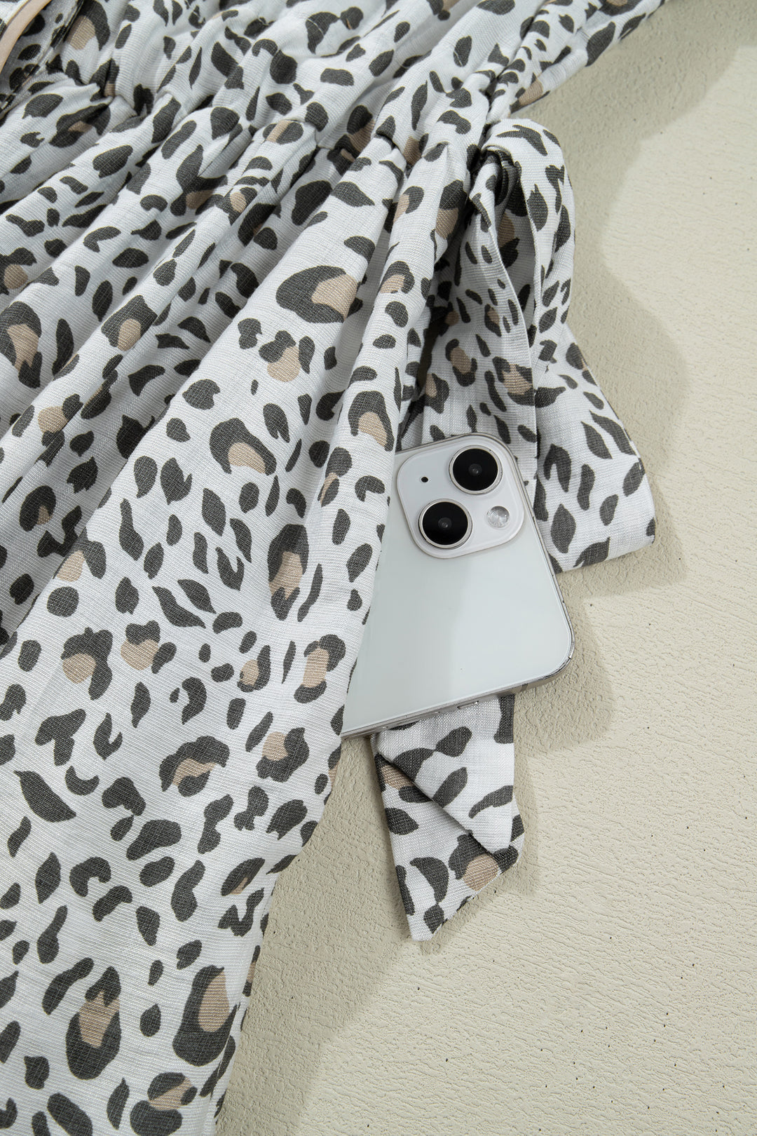 White Leopard Contrast Trim Button Front Short Puff Sleeve Long Dress