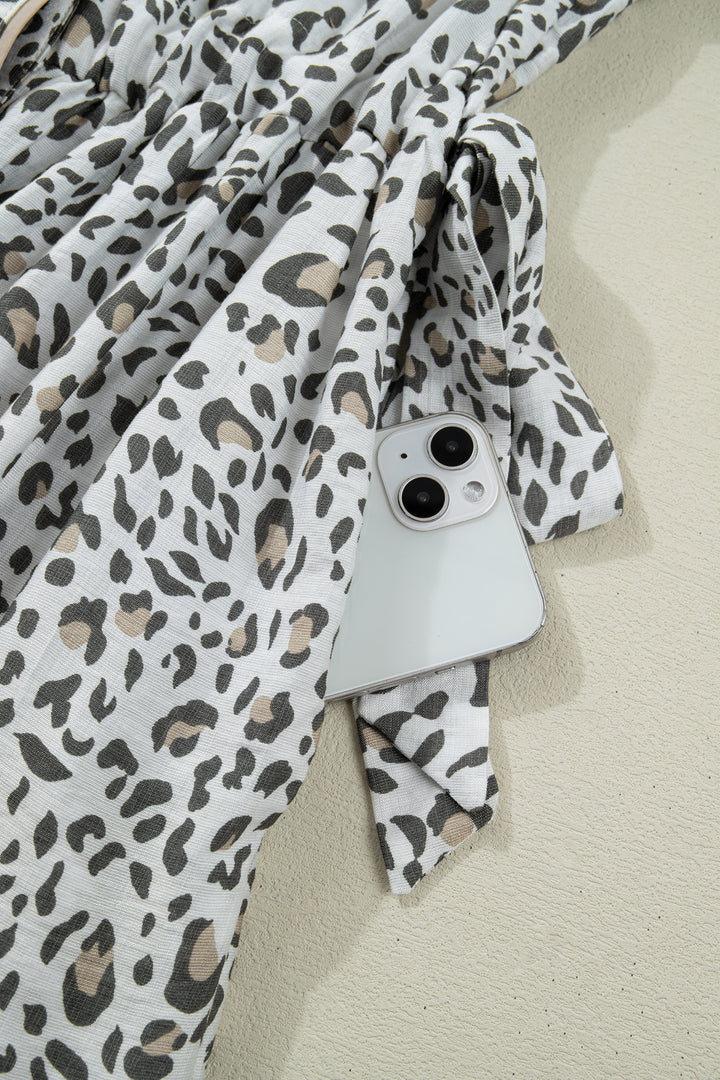 White Leopard Contrast Trim Button Front Short Puff Sleeve Long Dress