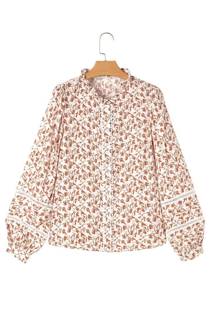 Yellow Printed Lace Detail Floral Puff Sleeve Fall Shirt