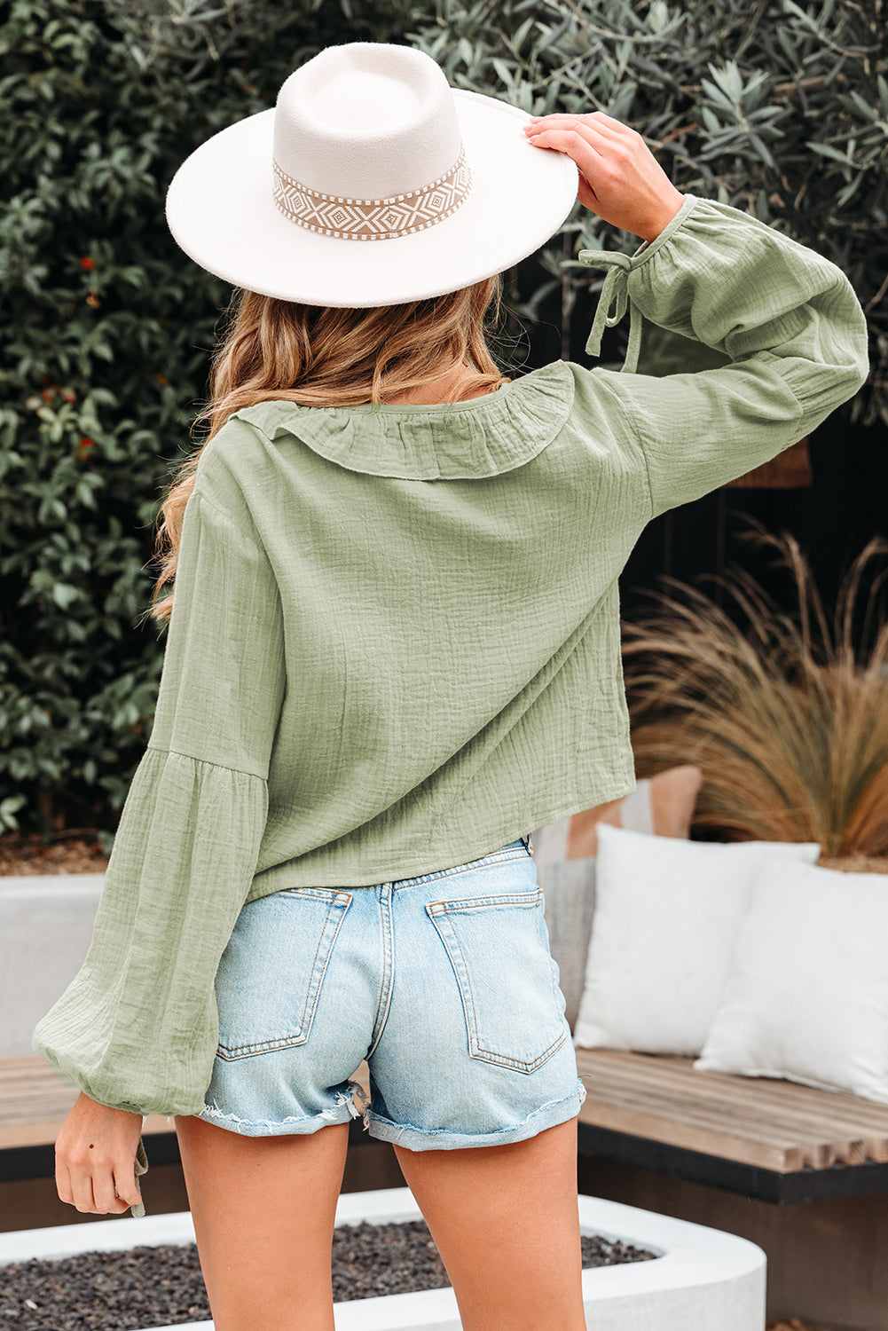 Bow Tie Front Ruffle Trim V Neck Long Sleeve Gauze Blouse