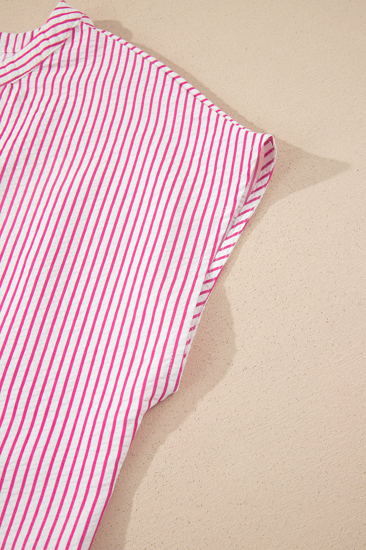 Red Stripe Frilled Detail Half Buttons Short Sleeve Long Dress