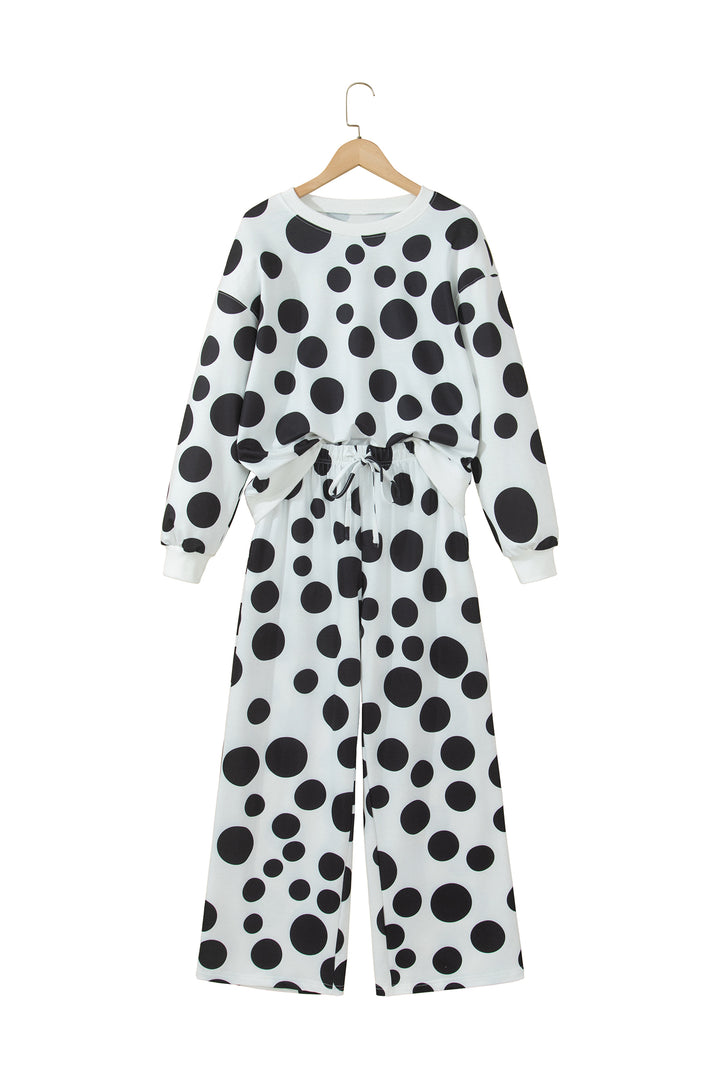 White Polka Dot Long Sleeve Top Drawstring Relaxed Pants Set