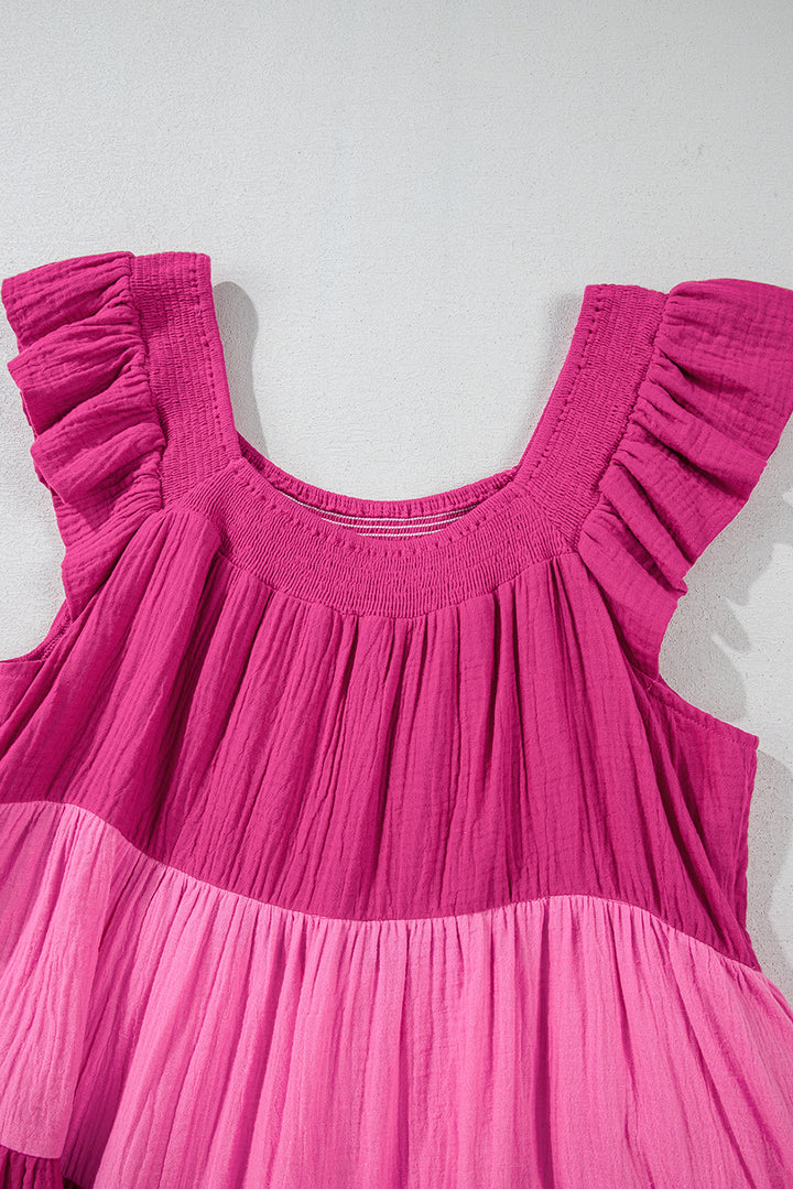 Cute Pink Crinkled Colorblock Patchwork Flutter Tiered Mini Babydoll Dress