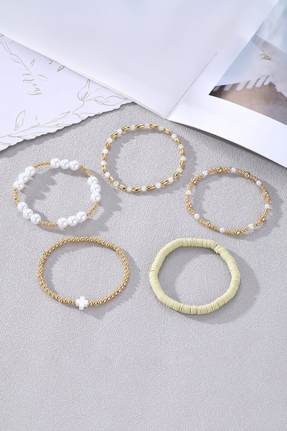 Plated Beading Pearl Detail 5pcs Elastic Bracelet Set