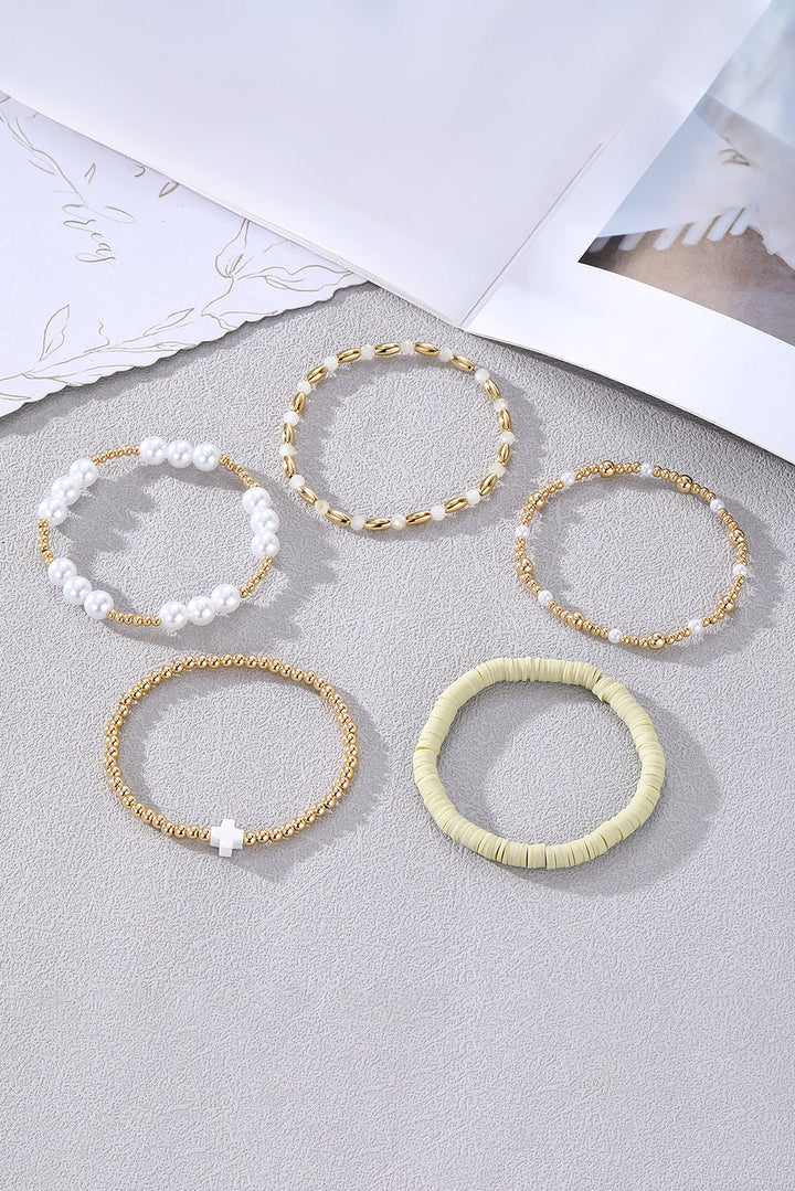 Plated Beading Pearl Detail 5pcs Elastic Bracelet Set