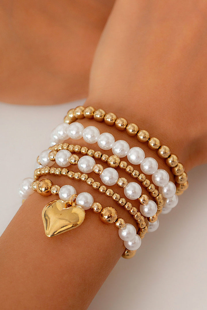 Plated Heart Charm Pearl Beading Multilayer Bracelet