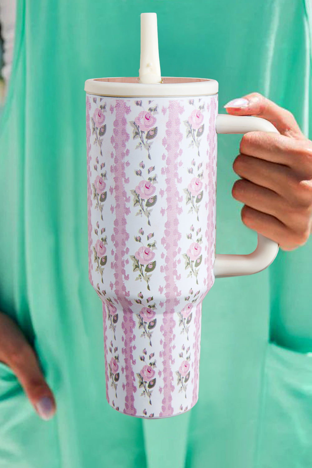 Sweet Floral Print Straw Insert Thermo Tumbler Cup
