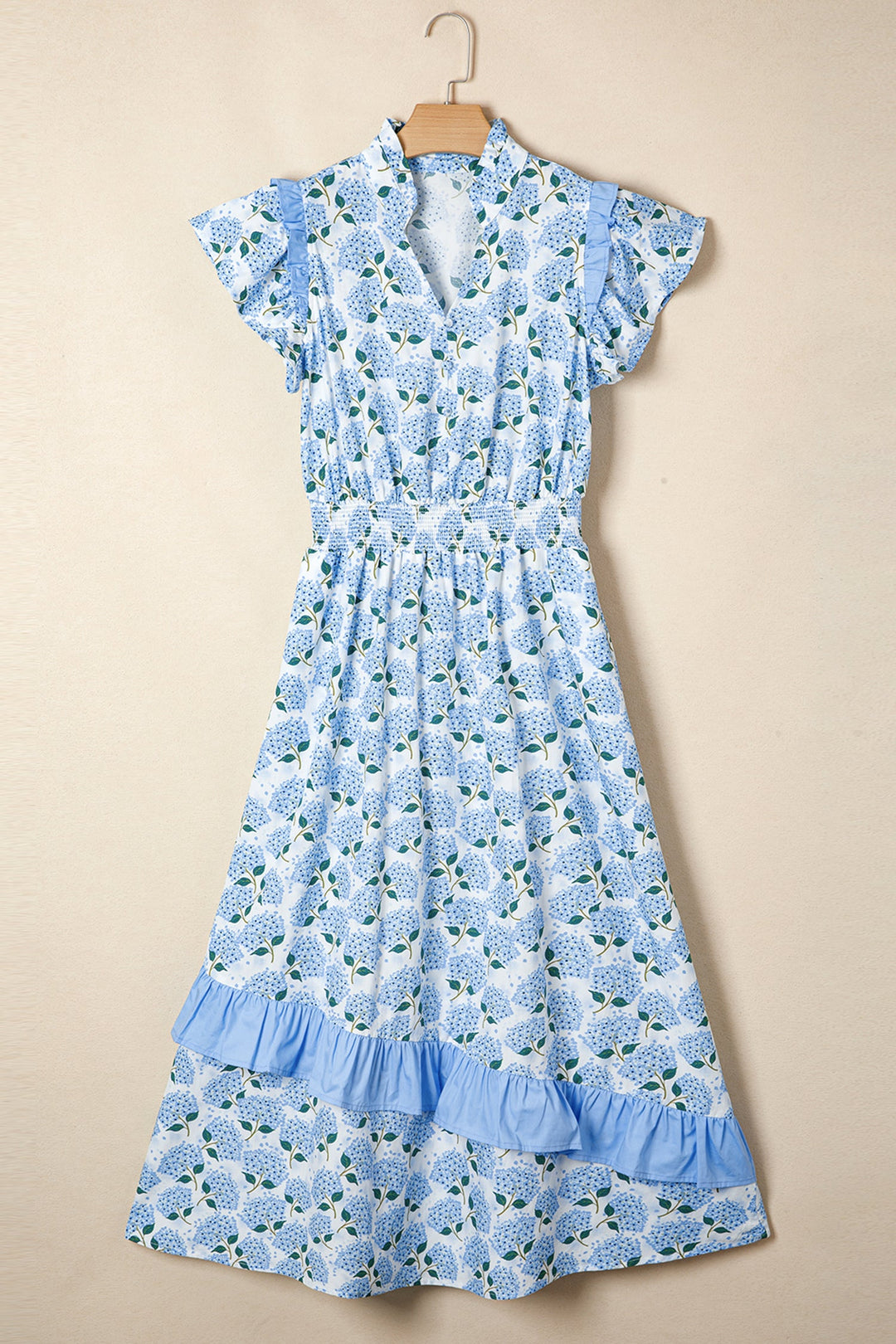 Sky Blue Hydrangea Floral Print Ruffle Trim Flutter Sleeve Long Dress
