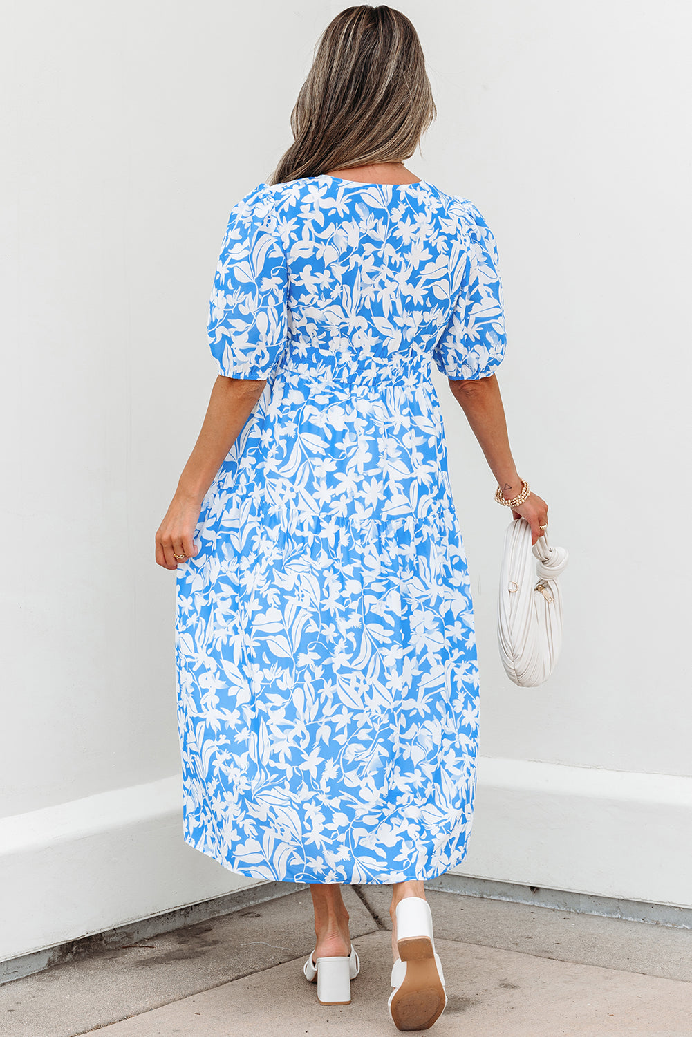 floral v neck puff short sleeve flowy long dress