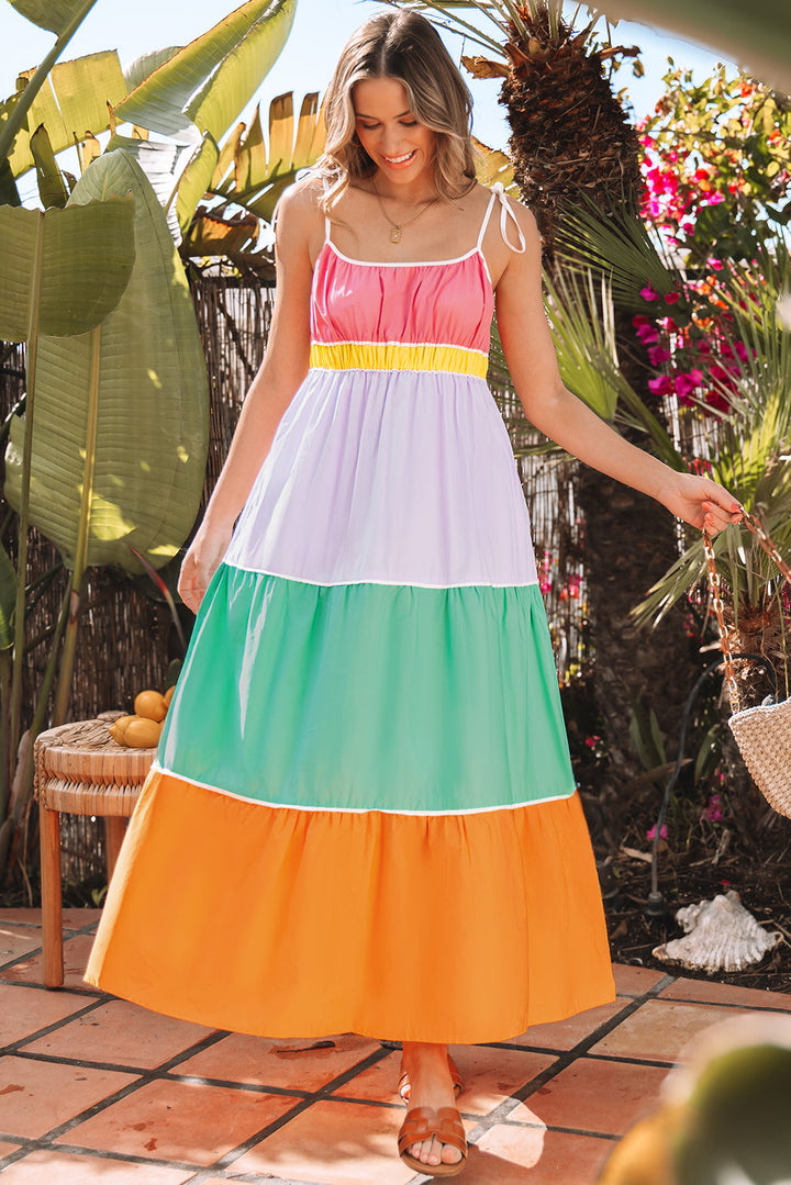 Colorblock Self-tie Straps High Waist Flowy Maxi Dress with Pockets