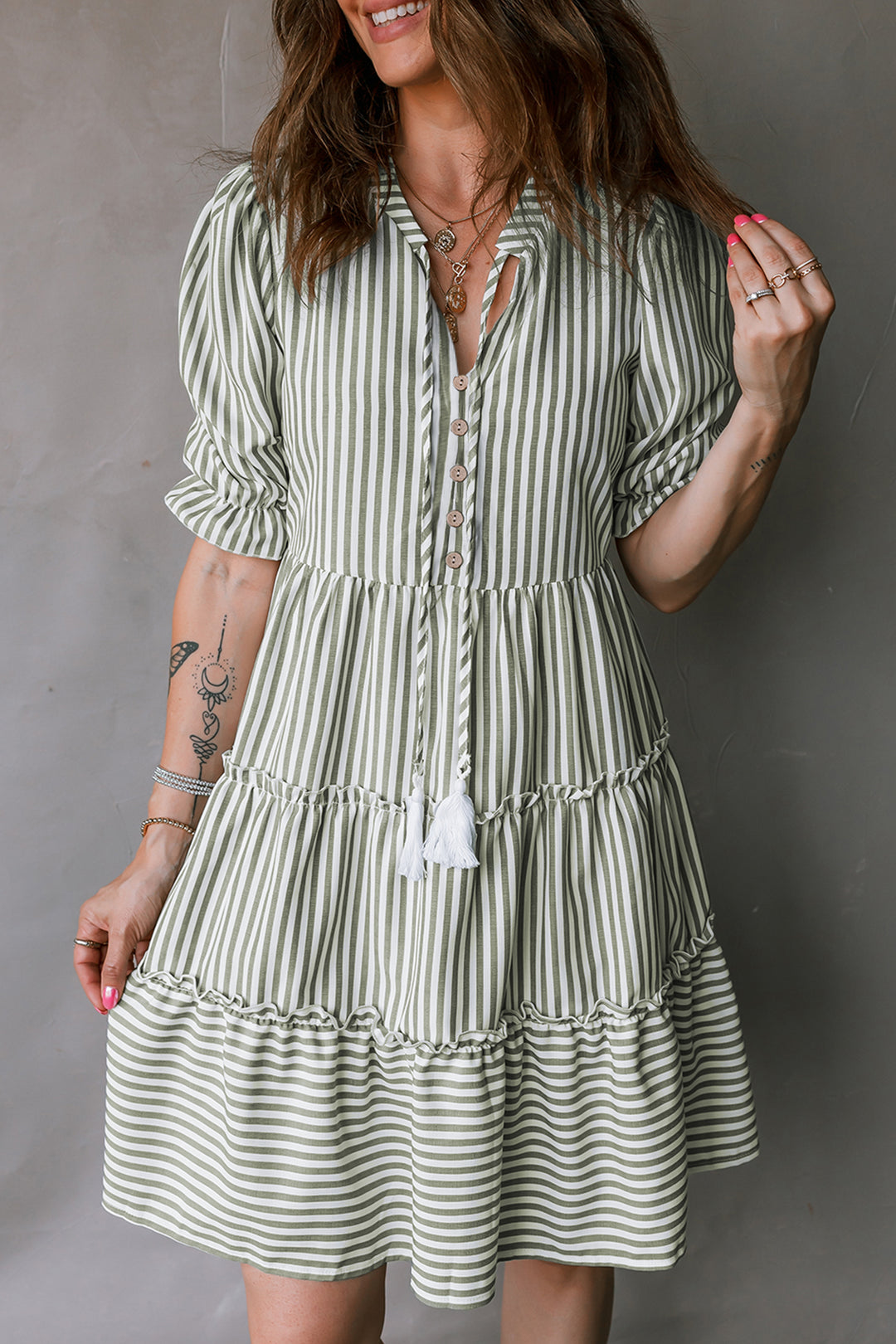 Tasseled Tie Neck Ruffled Short Sleeve Tiered Flattering Dress