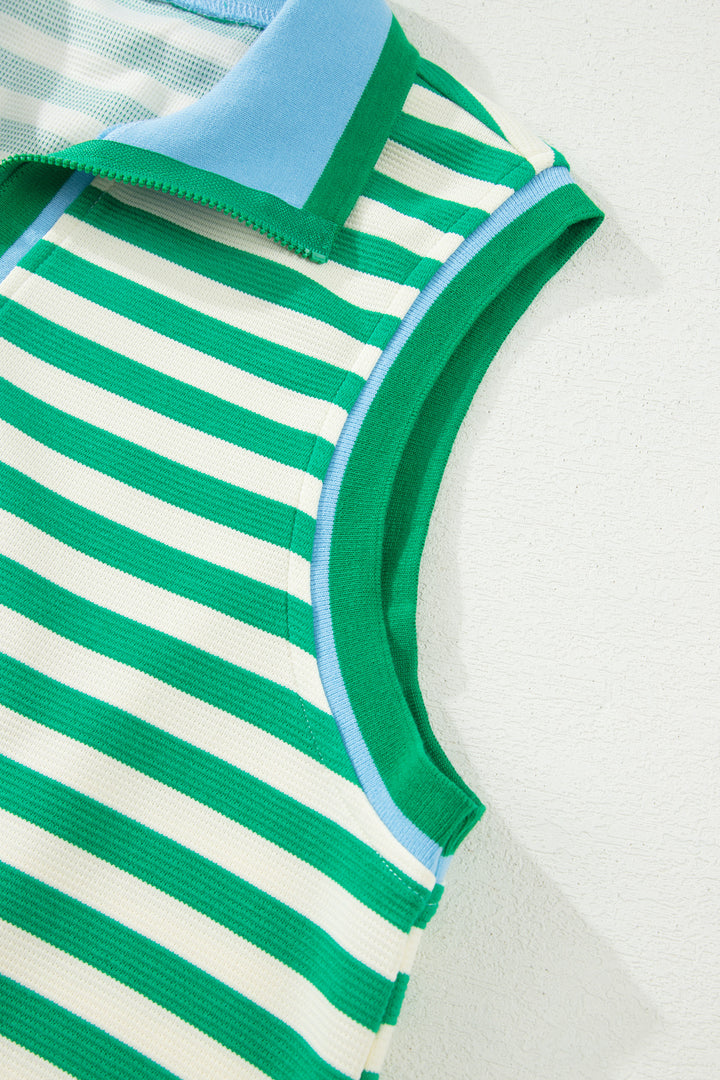 Bright Green Textured Stripe Print Zip Collar Sleeveless 2pcs Skort Set