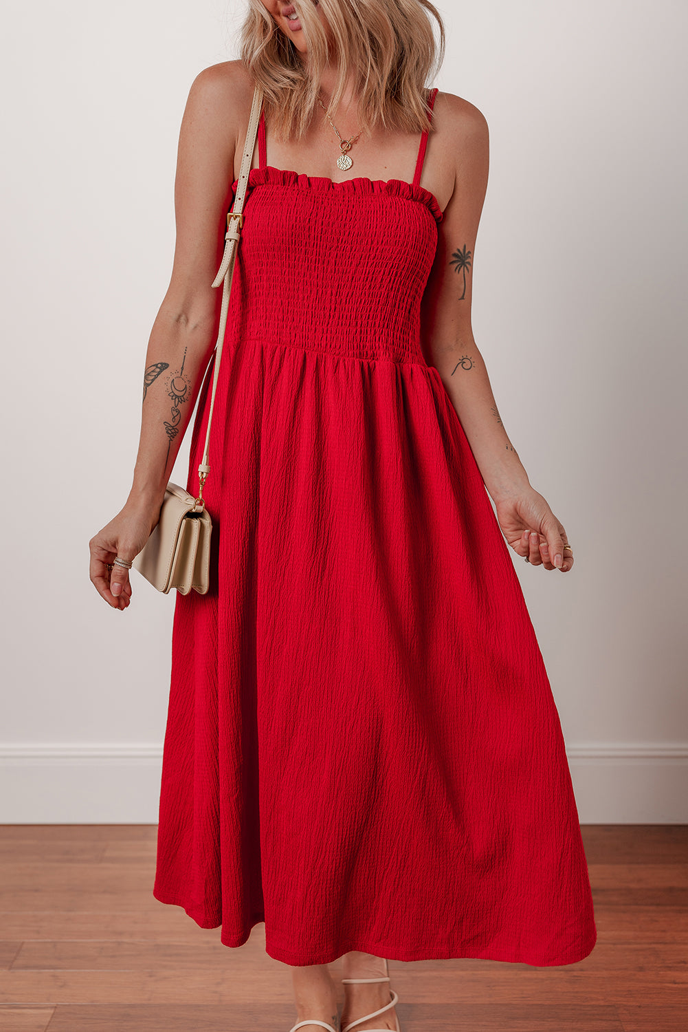 textured shirred ruffled trim spaghetti strap midi dress