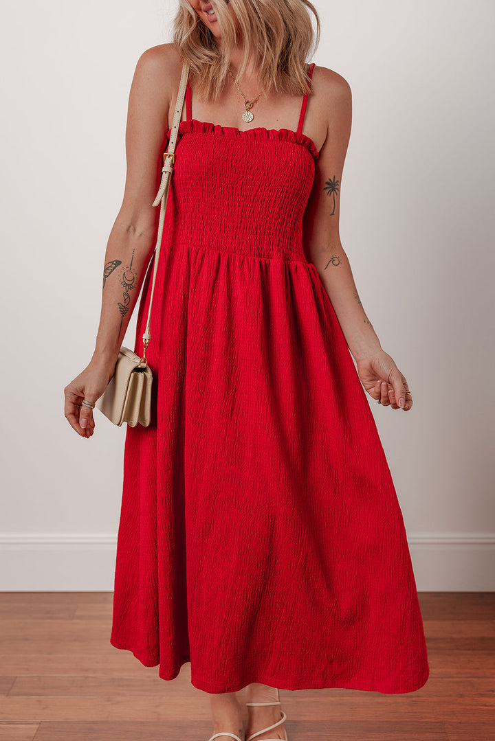 textured shirred ruffled trim spaghetti strap midi dress