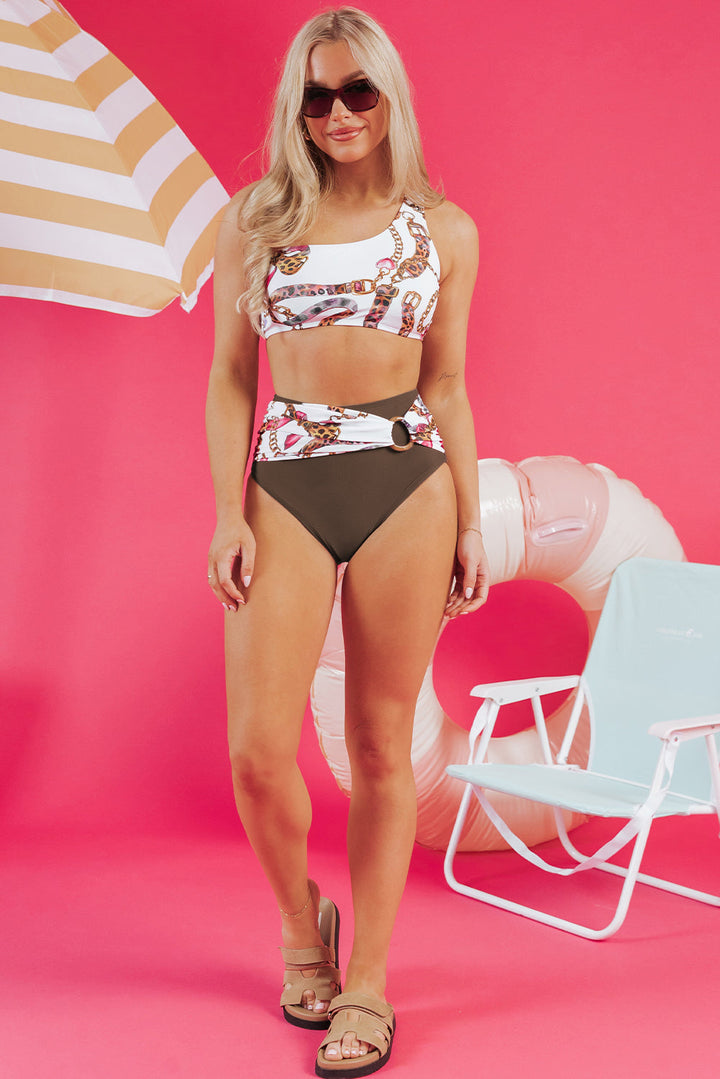 abstract print one shoulder ring linked high waist bikini