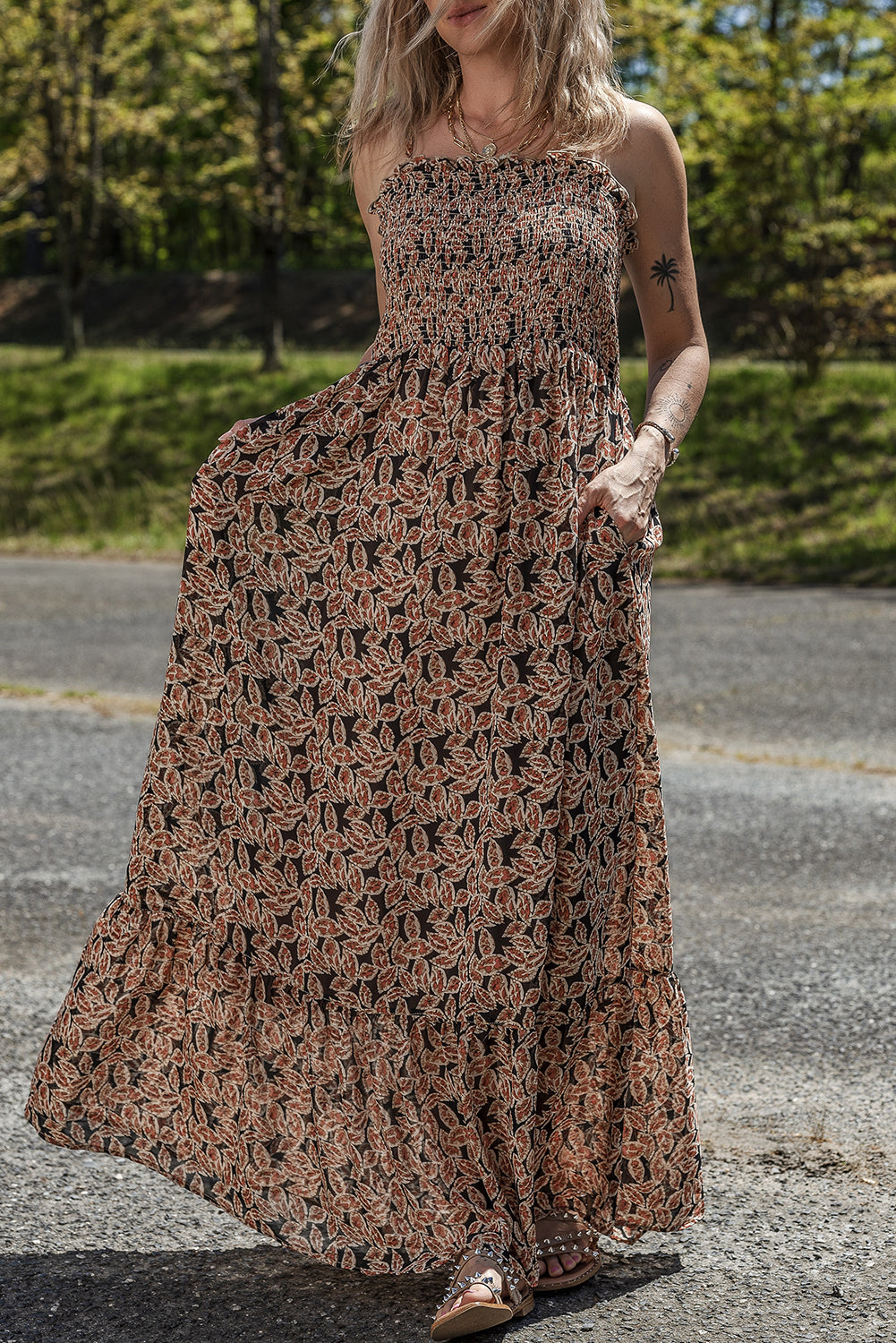 floral smocked bodice high waist flowy sun dress