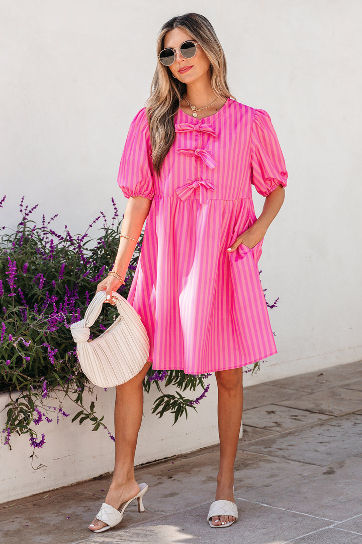 Striped Print Bow Detail Short Puff Sleeve Mini Dress