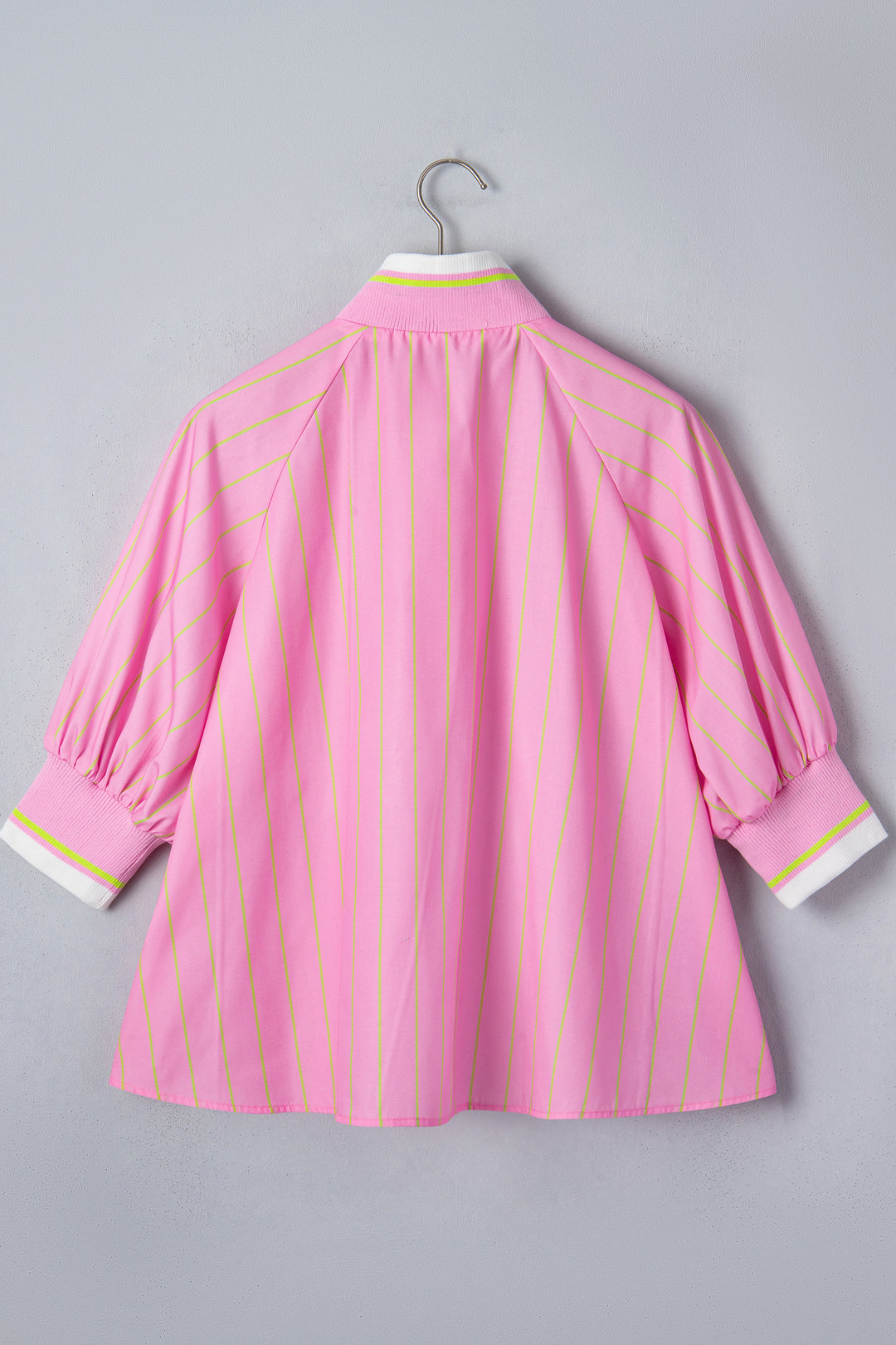 Pink Stripe Striped V-Neck Half Sleeve Zipper Ribbed Cuff Casual Shift Blouse