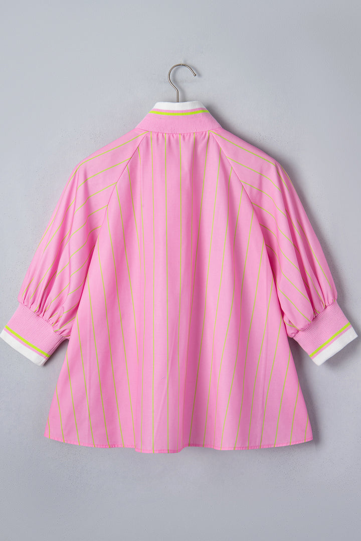 Pink Stripe Striped V-Neck Half Sleeve Zipper Ribbed Cuff Casual Shift Blouse