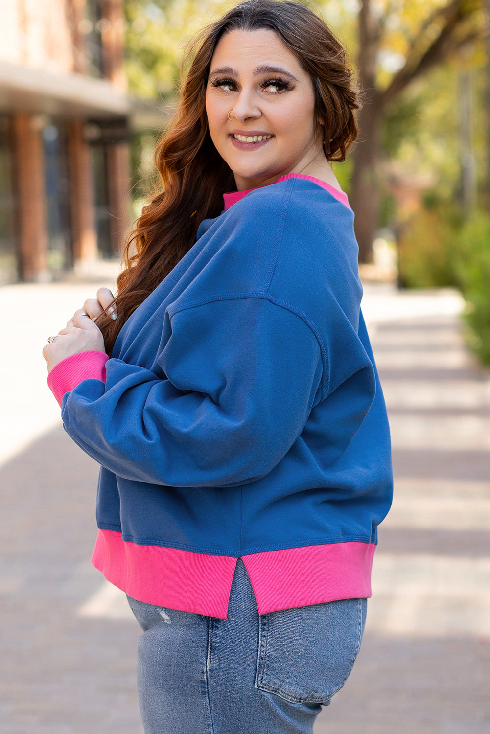 Color Block Edge Balloon Sleeve Plus Size Sweatshirt