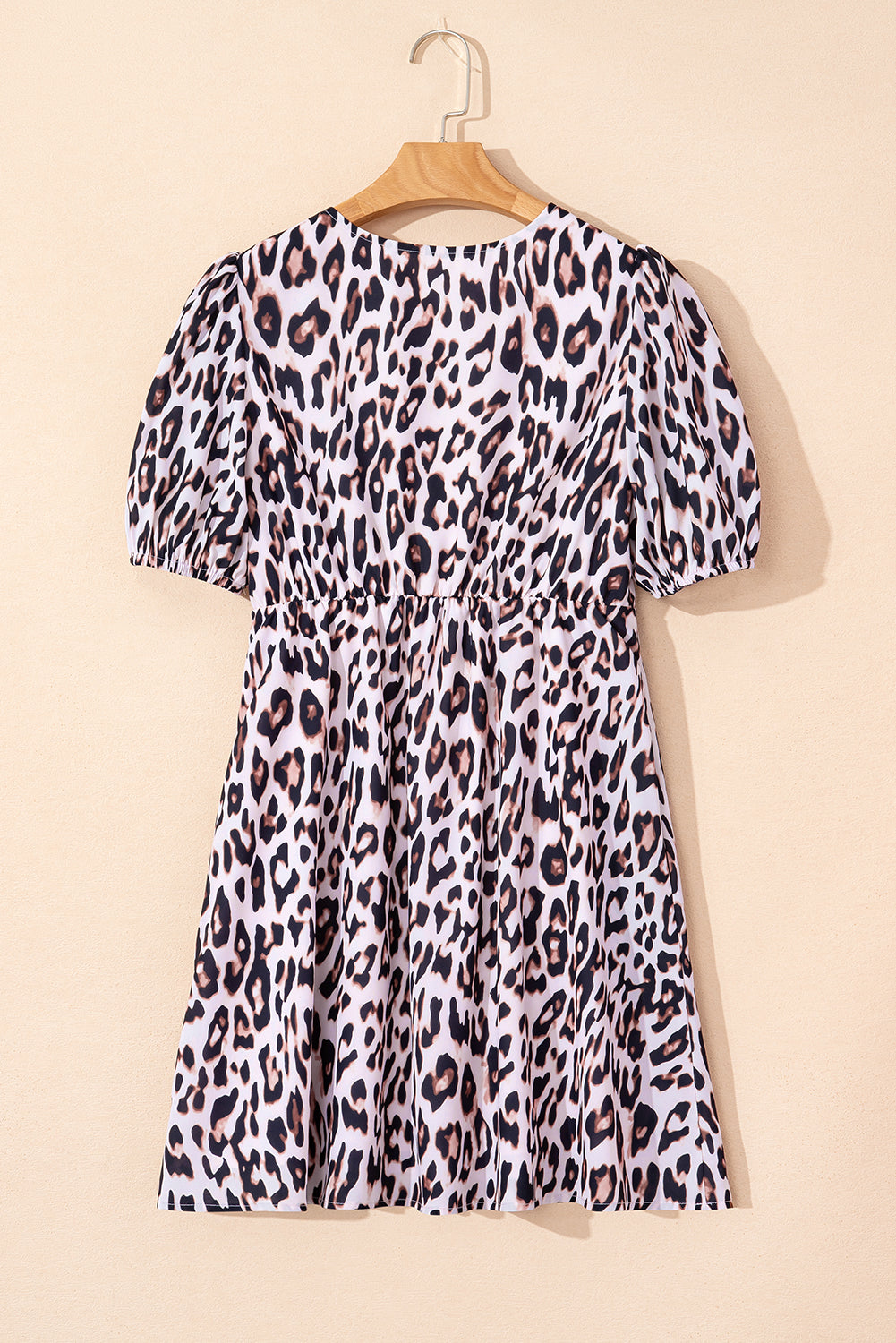 Leopard Tied Front Keyhole Puff Short Sleeve Mini Dress