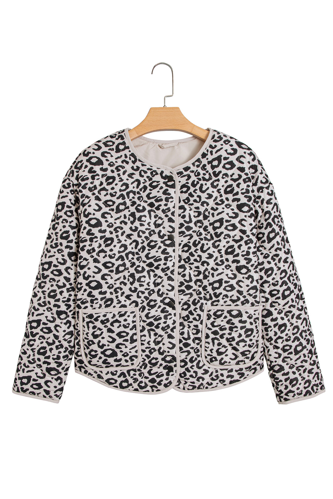 Khaki Leopard Print Patch Pockets Binding Tape Long Sleeve Regular Fit Jacket