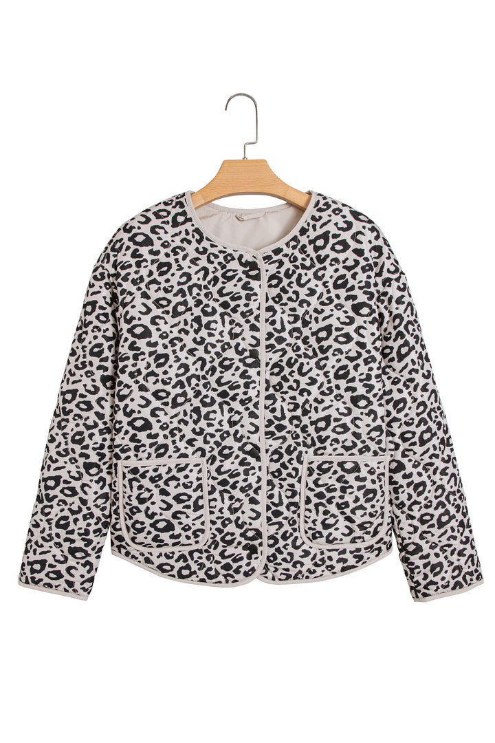 Khaki Leopard Print Patch Pockets Binding Tape Long Sleeve Regular Fit Jacket