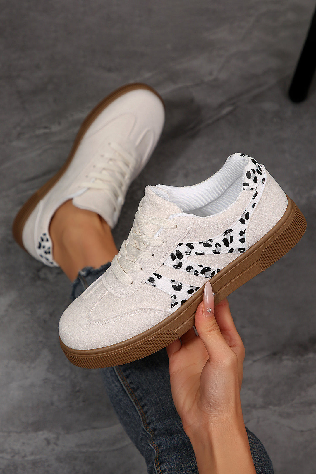 Suede Leopard Color Block Trim Lace-up Casual Shoes