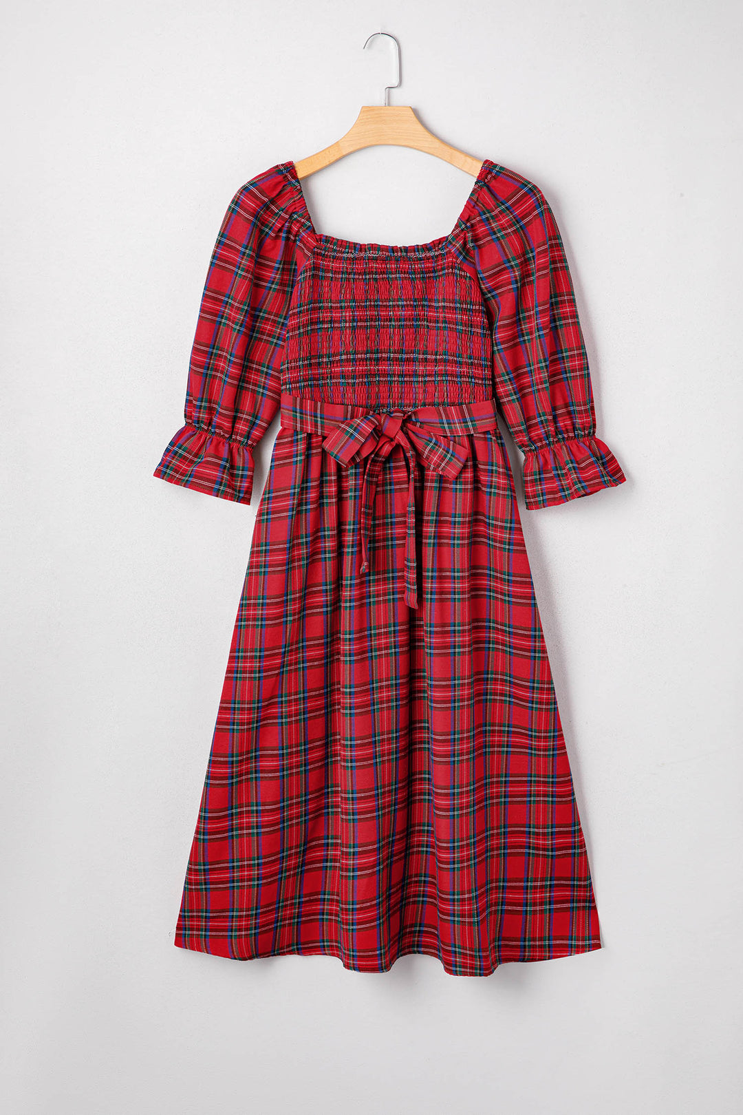 Tartan Plaid Square Neck Puff Sleeve Knot Waist Flared Midi Dress
