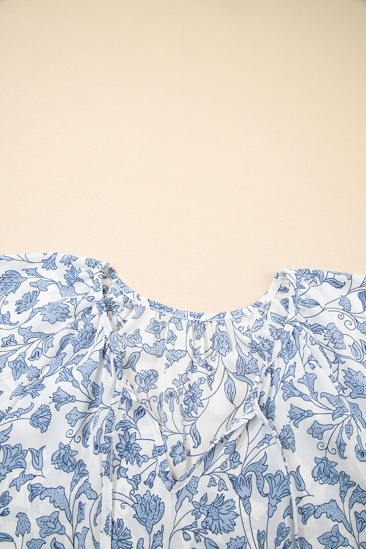 Sky Blue V-neck Short Sleeve Fashion Print Fantasy Fluttering Blouse