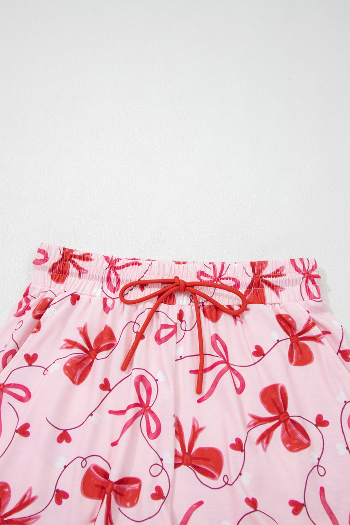 Red Romantic Bow Print Loose Tee Drawstring Shorts 2pcs Lounge Set