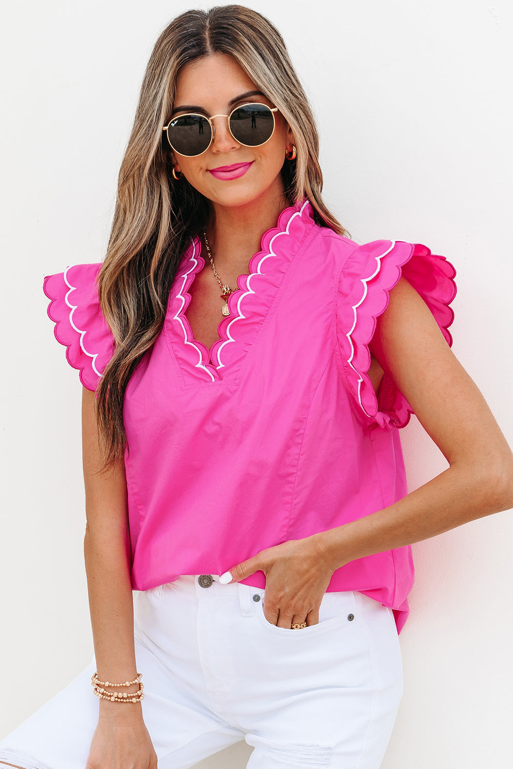 contrast scallop trim layered short sleeve v neck blouse