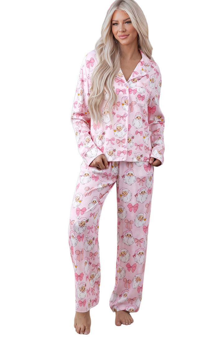 Pink Abstract Santa Print Long Sleeve Full-Length 2Pcs Lounge Set