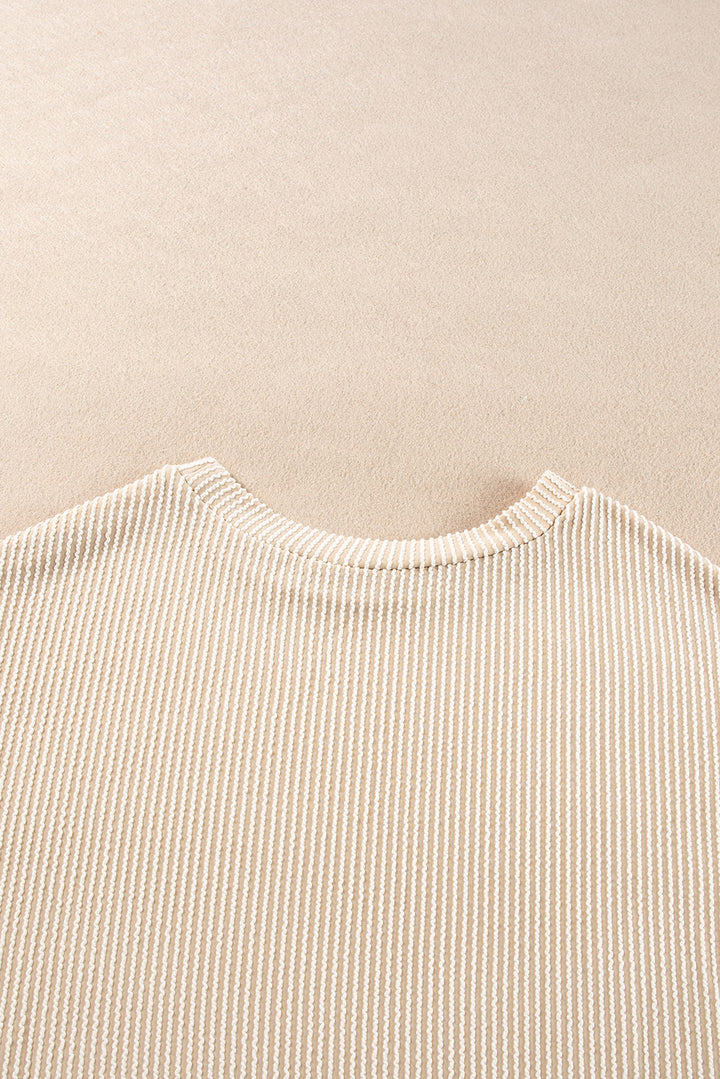 Parchment Corded Knit Long Sleeve Top and High Waist Shorts Set