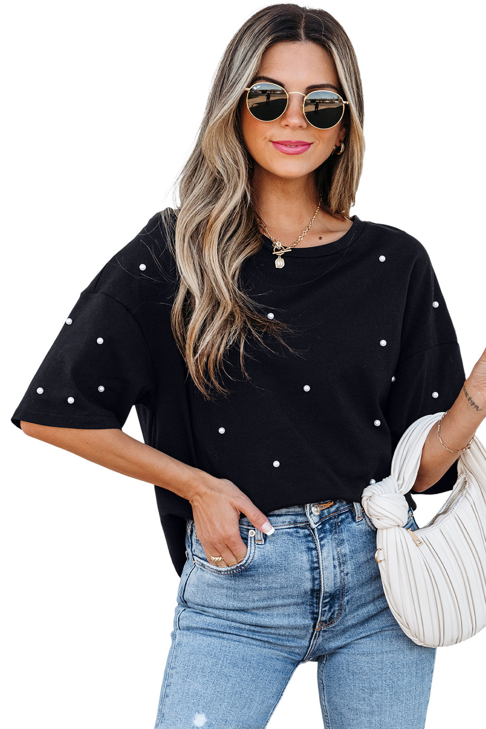 Pearl Beaded  Drop Shoulder Crewneck T Shirt
