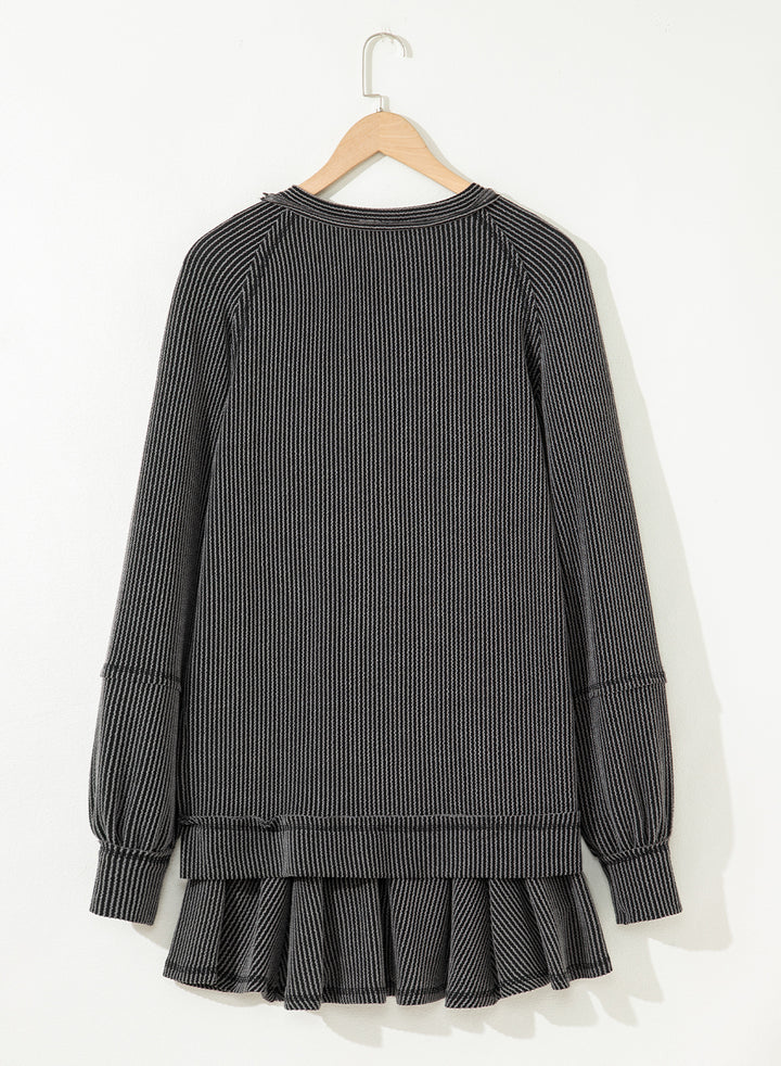 Dark Grey Corded Top High Waist Ruffled Mini Skort Set