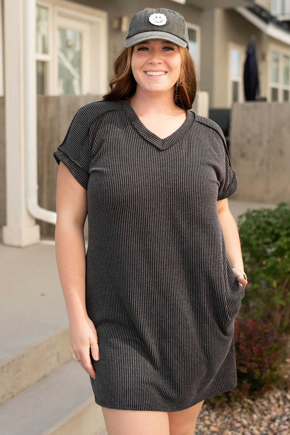 Casual Carbon Grey Corded V Neck Plus Size T Shirt Dress with Pockets