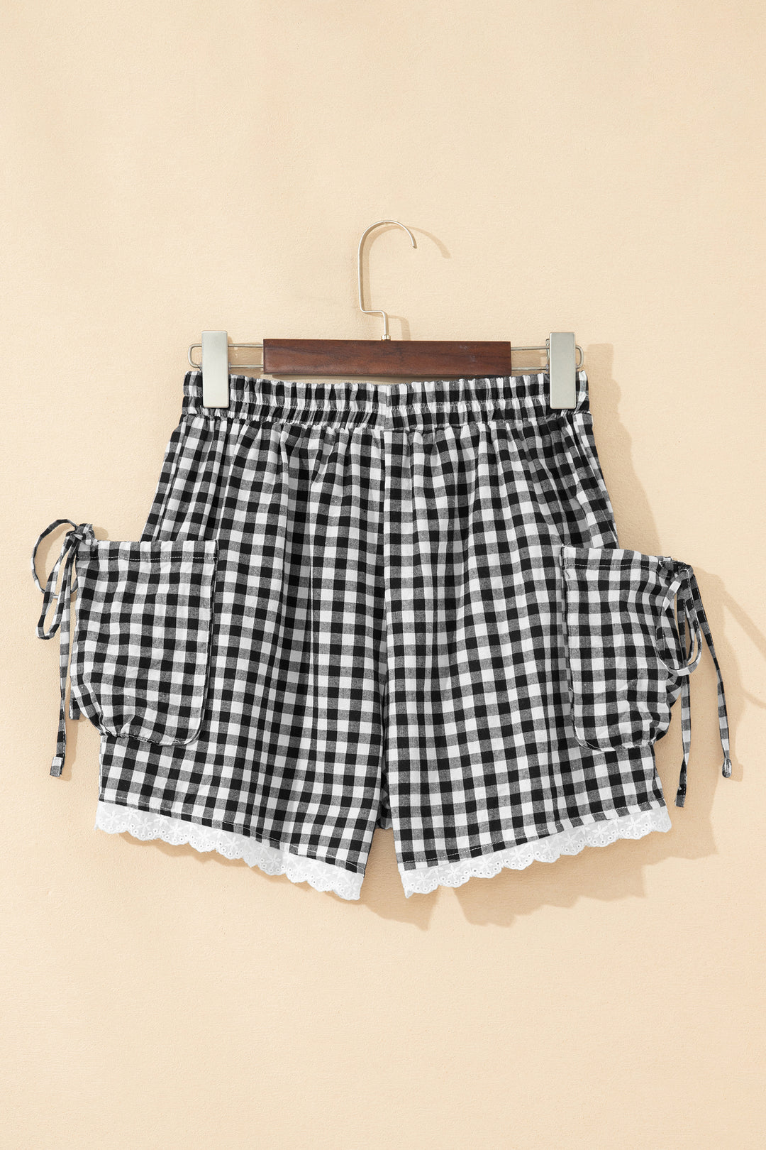Black Gingham Lace Trim Shorts with Pouch Pockets