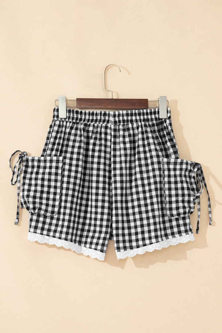 Black Gingham Lace Trim Shorts with Pouch Pockets