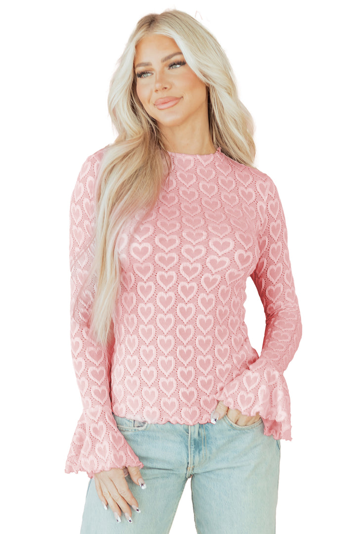 Heart Jacquard Flare Sleeve Mock Neck Fitted Top