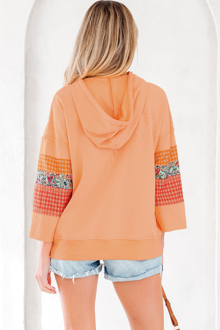 Plaid Floral Patchwork Kangaroo Pocket Hooded Long Sleeve Top