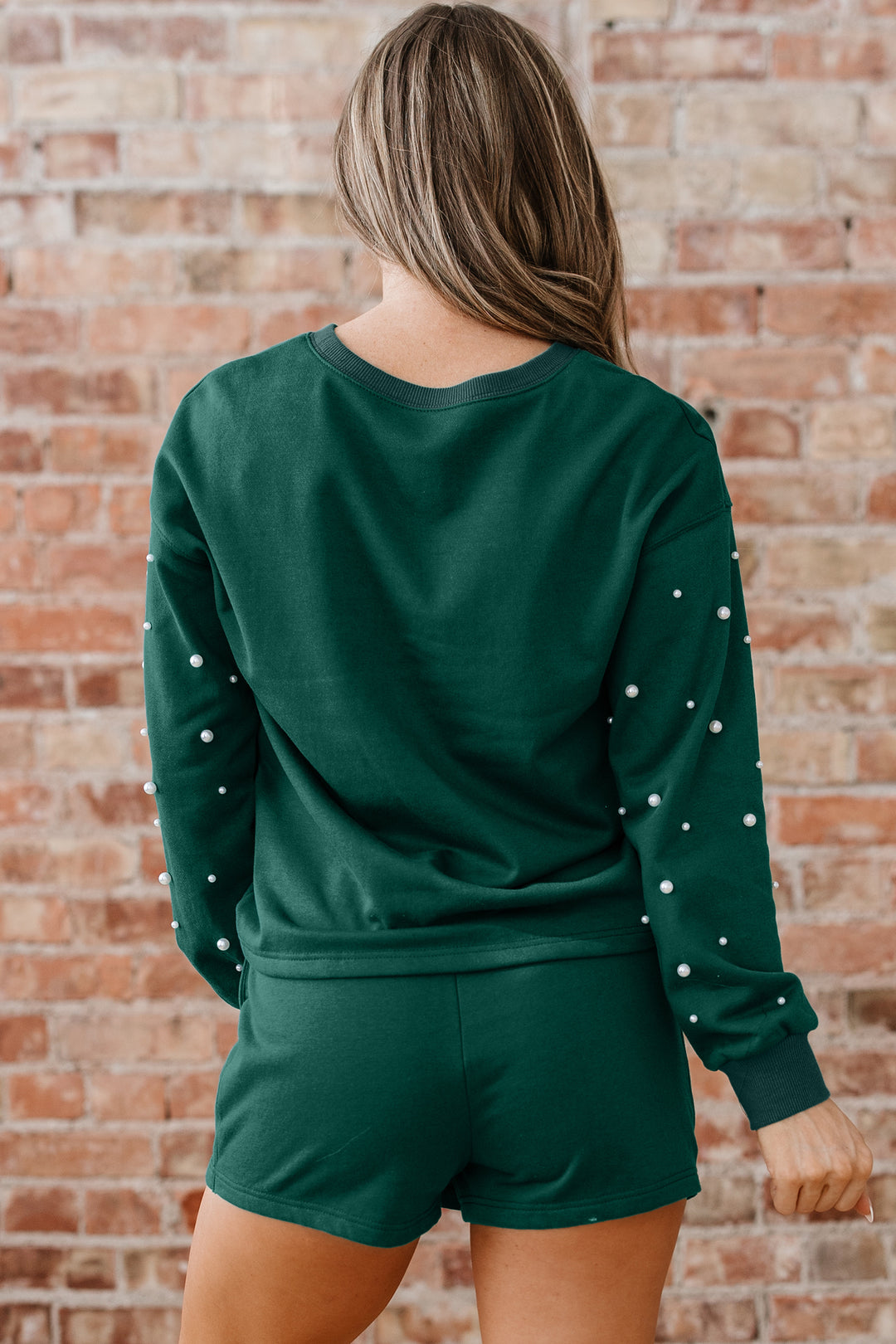 Dark Green Pearl Embellished Pullover Elastic Waist Mini Skirt Set