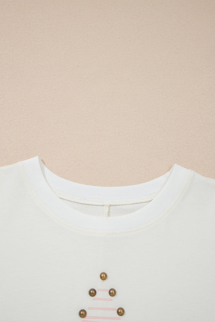 Cute Beige Star Print Stud Detail Cotton Jersey Top