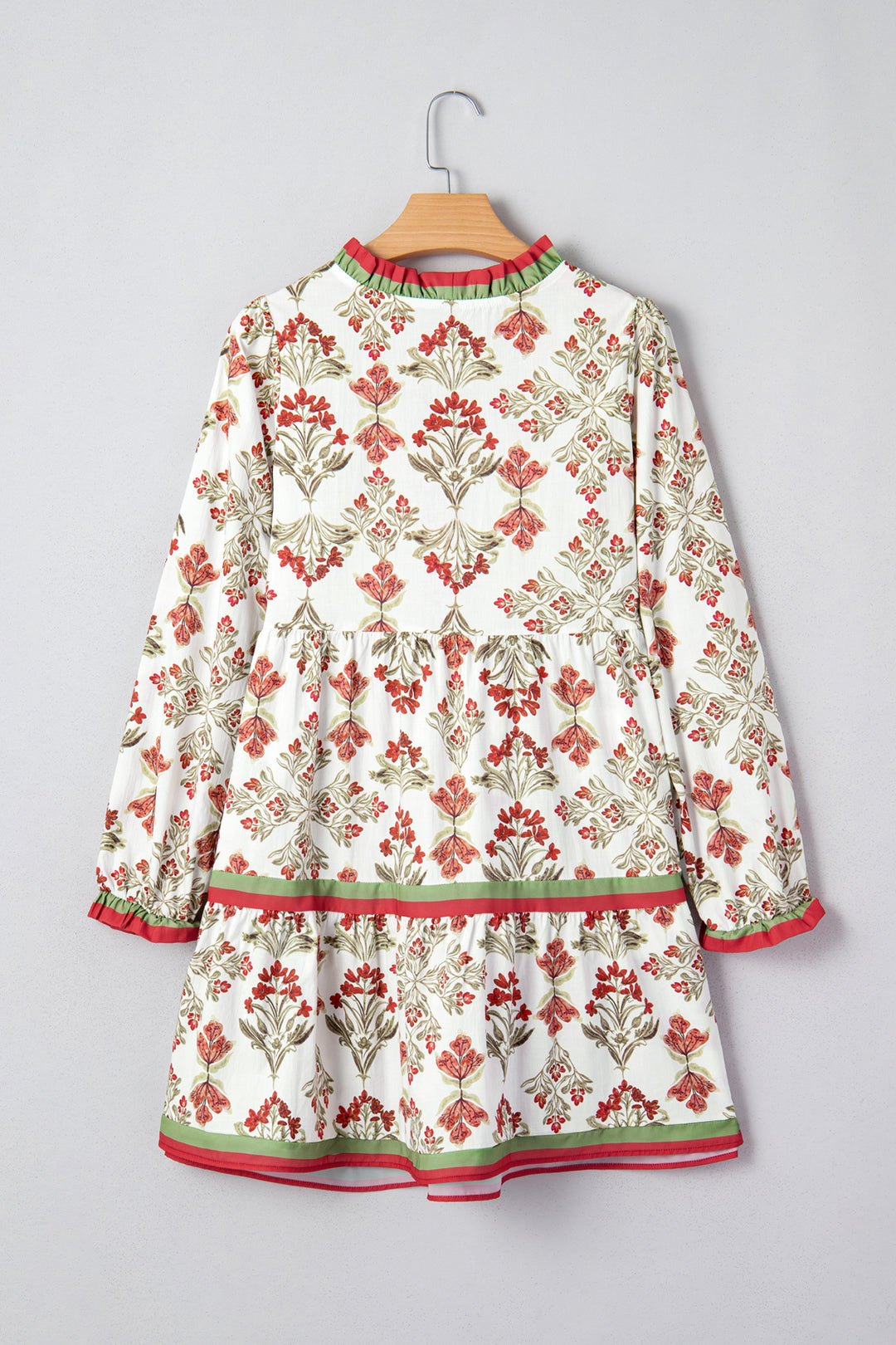 Floral Print Contrast Trim Frilled Neck Long Sleeve Flared Dress