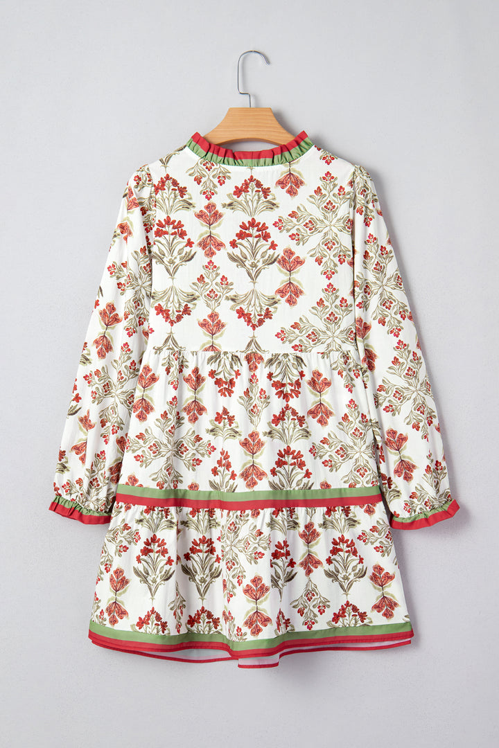Floral Print Contrast Trim Frilled Neck Long Sleeve Flared Dress