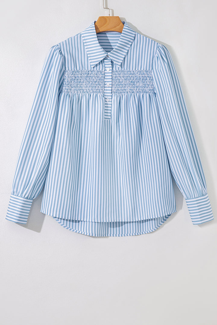 Shirred Detail Half Placket Collared Long Sleeve Fall Shirt