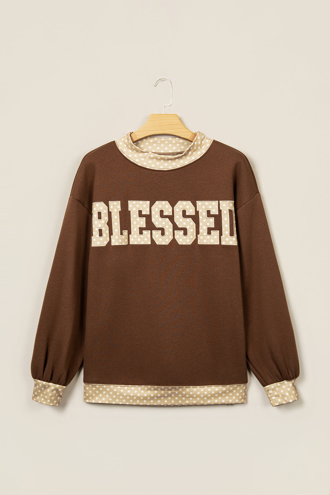 Coffee Polka Dot Trim High Neck BLESSED Letter Graphic Baggy Sweatshirt