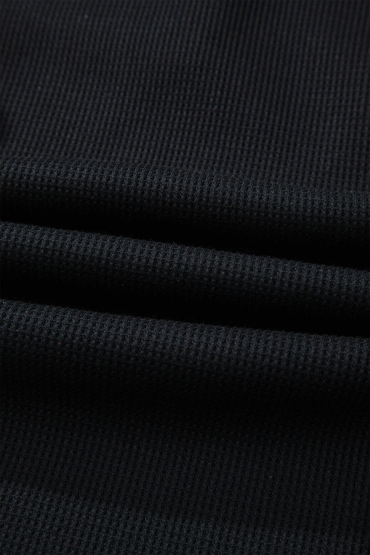 Black Waffle Knit Denim Contrast Trim Patchwork Button Polo Tee Dress